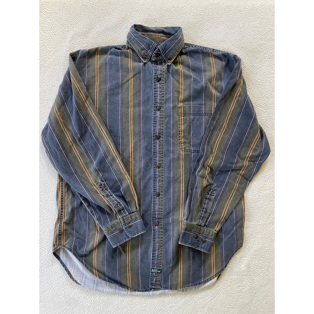 90s Vtg AE American Eagle Mens Medium Button Down Shirt Blue Green Orange Stripe